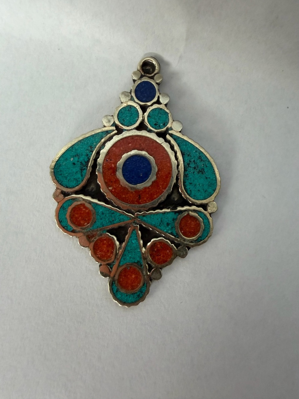 Vintage Nepalese Tibetan Style Pendant Crushed Turquoise Coral Lapis Alaska